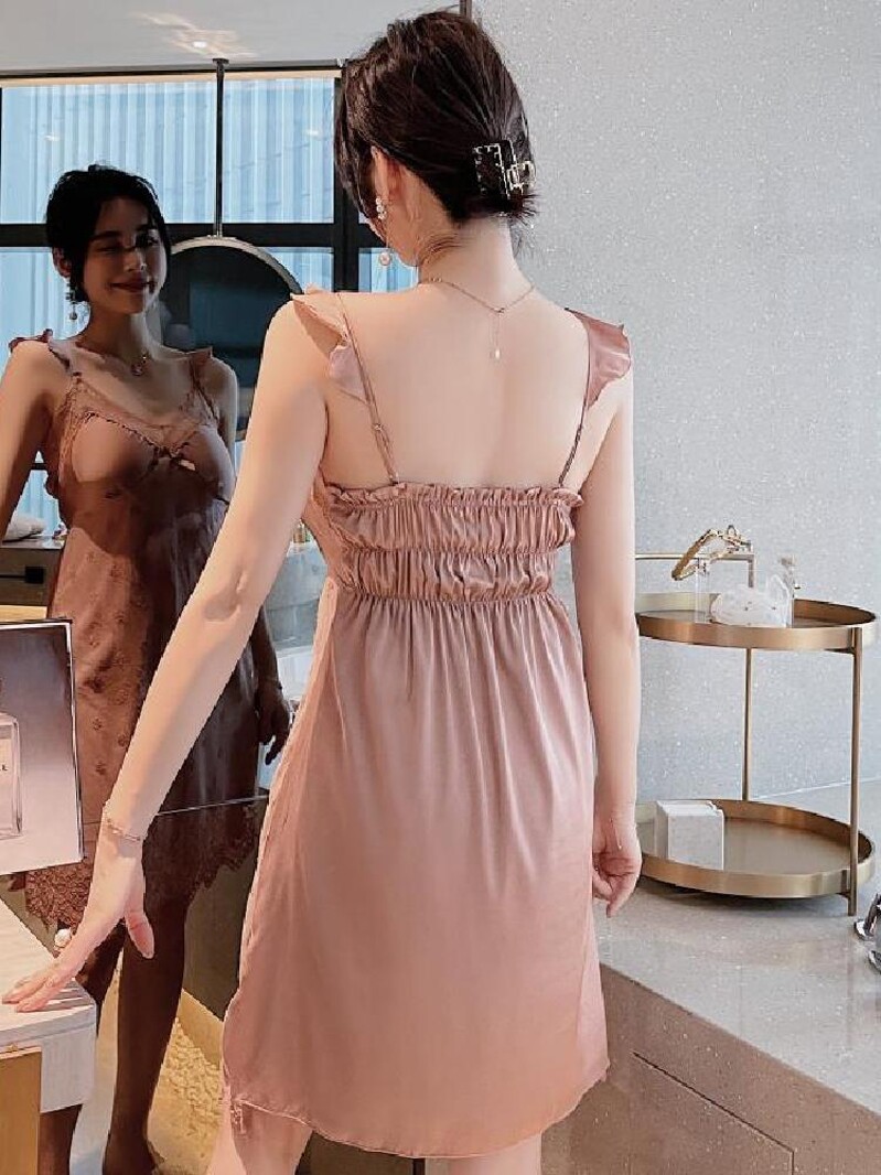 NIGHTDRESS 여성 여름 얇은 봄 가을 얼음 실크 2024 새로운 서스펜더 투피스 잠옷 잠옷