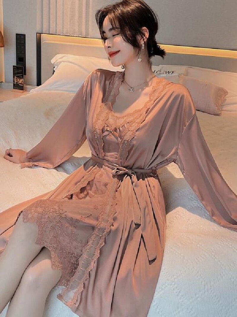 NIGHTDRESS 여성 여름 얇은 봄 가을 얼음 실크 2024 새로운 서스펜더 투피스 잠옷 잠옷