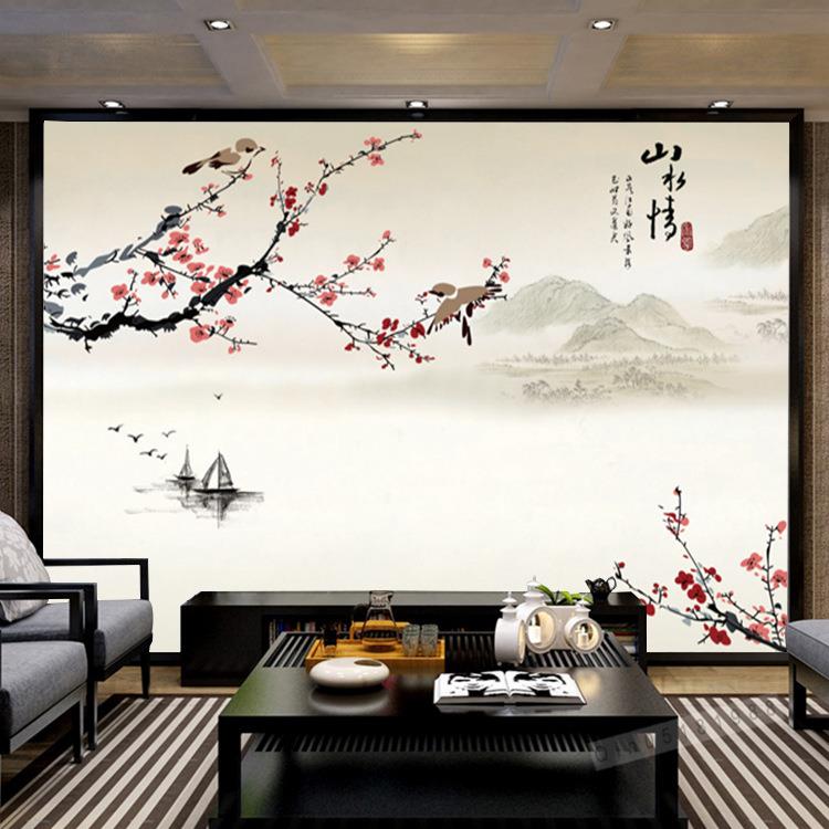 中式水墨山水风景背景手绘电视背景墙壁画客厅卧式影视墙壁纸壁画