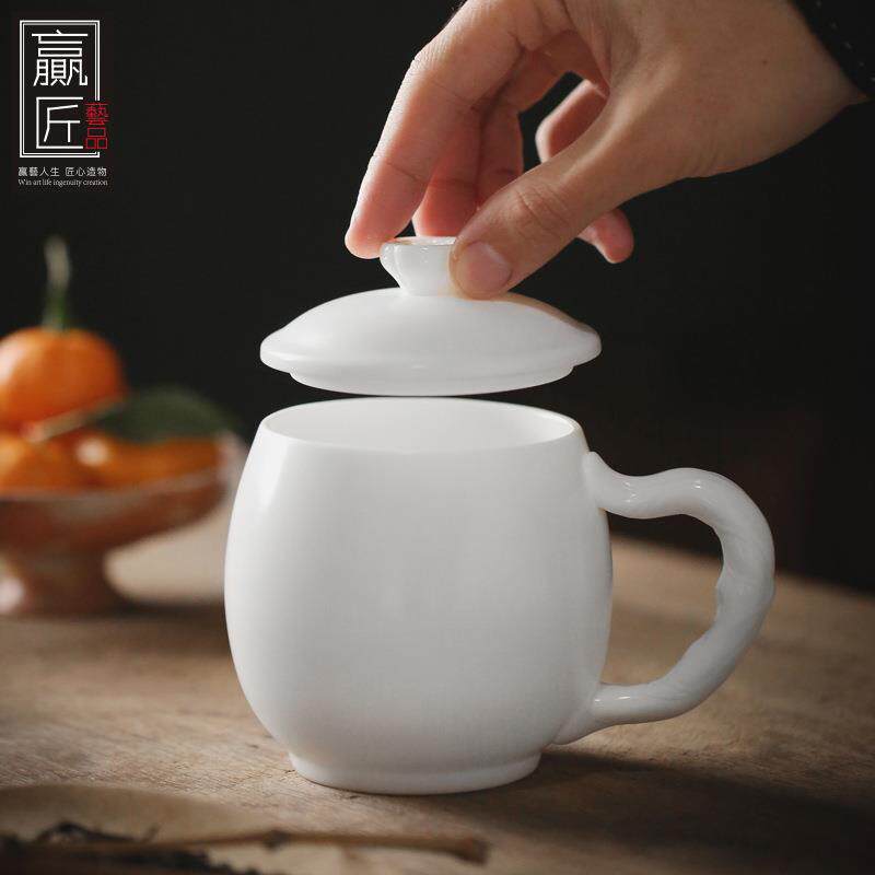 赢匠白瓷手工茶杯羊脂玉陶瓷办公会议室水杯老板带盖水杯