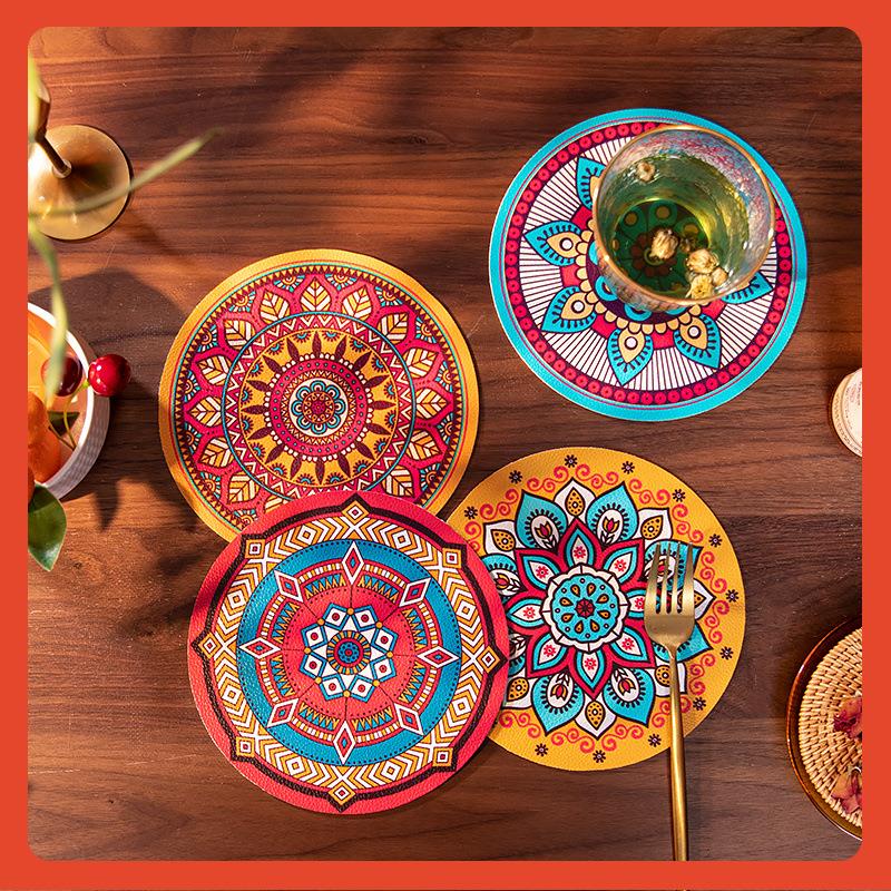 ∉皮革餐垫圆形桌面防烫隔热垫子PU皮免洗防水防油小桌垫大号盘