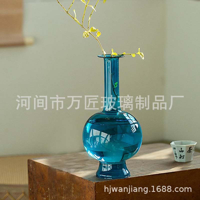 新中式禅意古典磨砂孔雀蓝桌面摆件小花瓶 花艺器皿日式透明玻璃
