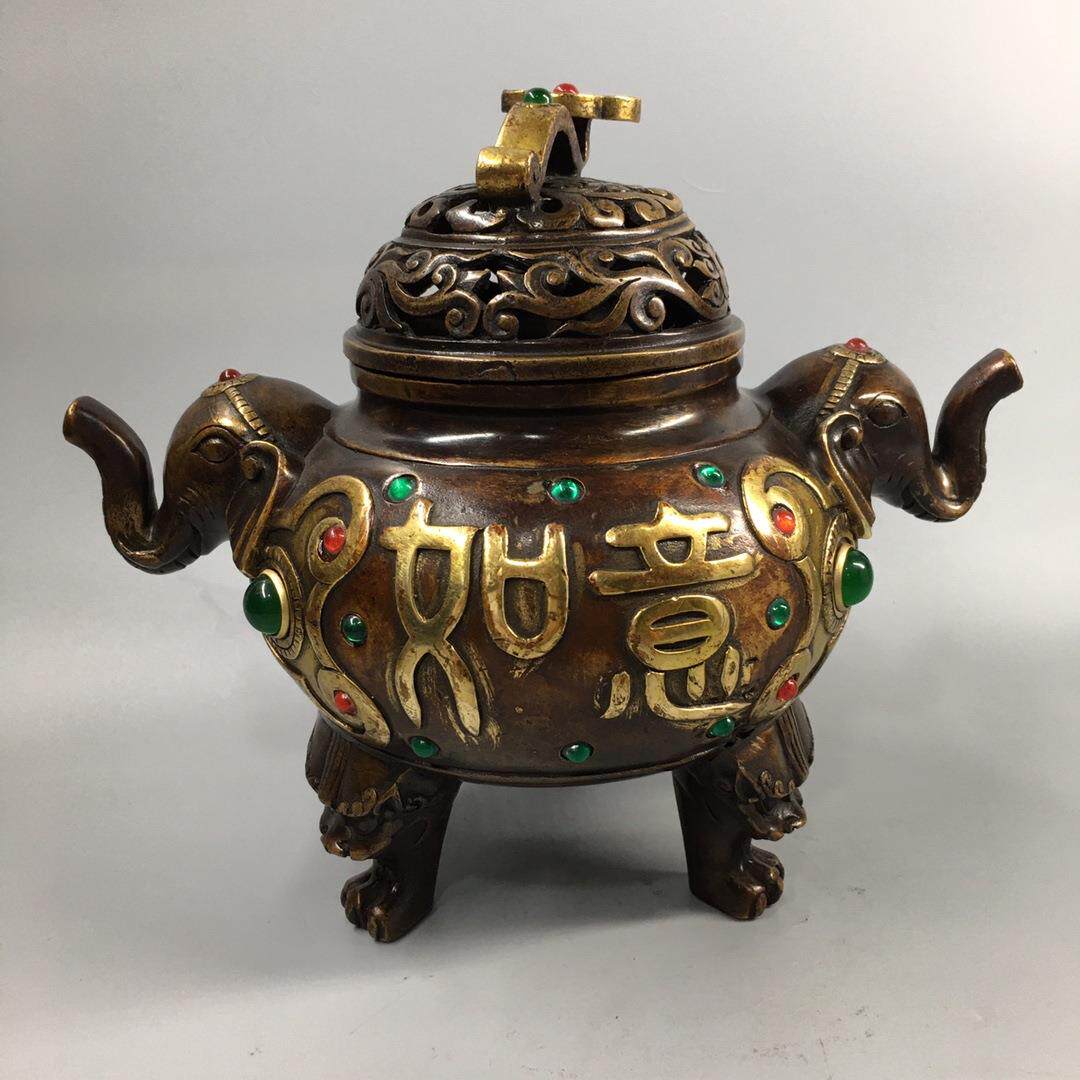 仿古铜摆件古玩铜器镶宝石吉祥如意象耳熏香炉古玩工艺品