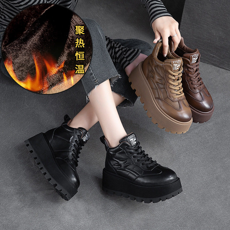 上海杰骤冬季新款厚底加绒保暖高帮单鞋前系带复古风擦色休闲女鞋,女鞋,棉鞋,淘宝优惠券,粉丝福利购,淘宝优惠卷
