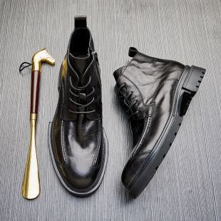 男士皮靴2022秋冬真皮高帮拉链款马丁靴厚底圆头商务工装靴男靴子