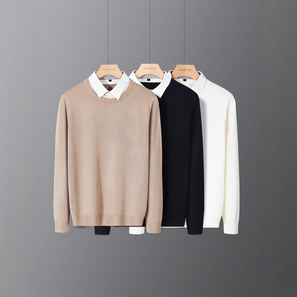 假两件针织衫秋冬定印制logo衬衫领男士内搭高级感上衣打底毛衣