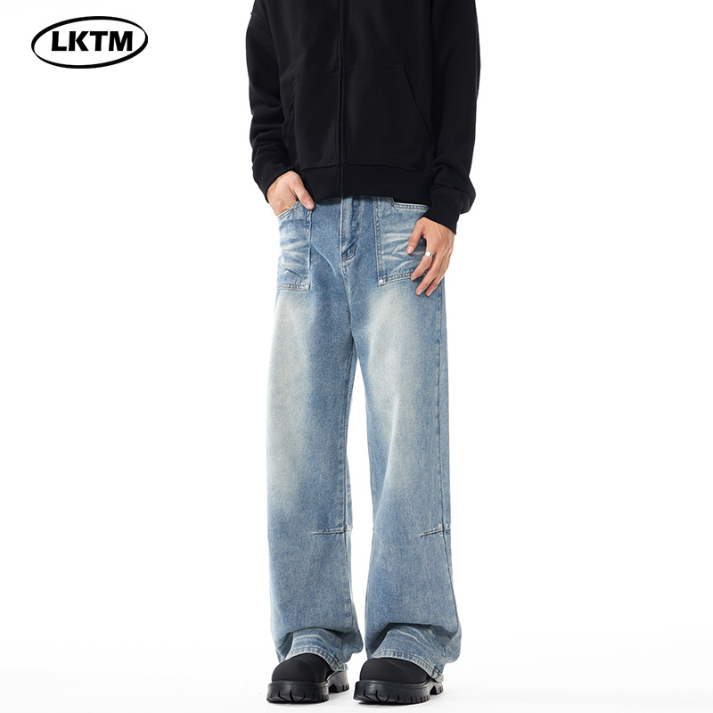 LKTM男装#美式复古水洗设计感蓝色牛仔裤男潮牌百搭宽松直筒裤子