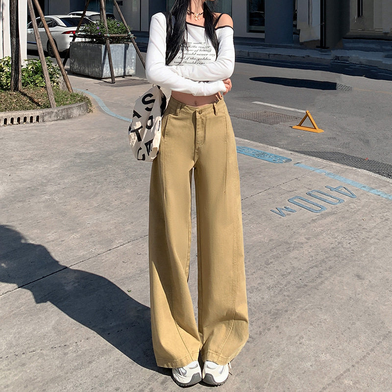 卡其色阔腿牛仔裤女2026年春秋新款高腰直筒宽松垂感显瘦拖地裤子