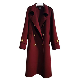 女式时尚百搭红色长款双面羊绒大衣羊毛百分百毛呢外套小个子