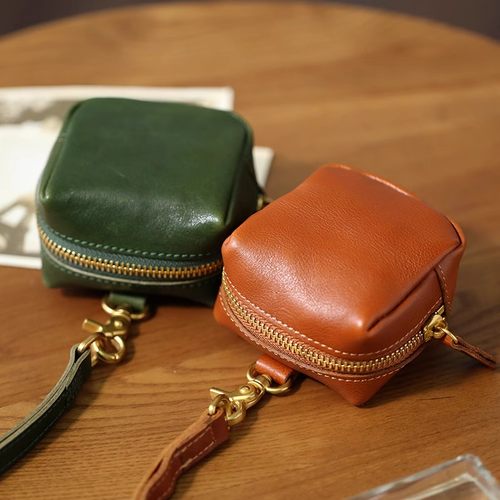 复古真皮质感零钱包女士迷你钱包做旧工艺拉链设计便携手提锁匙包