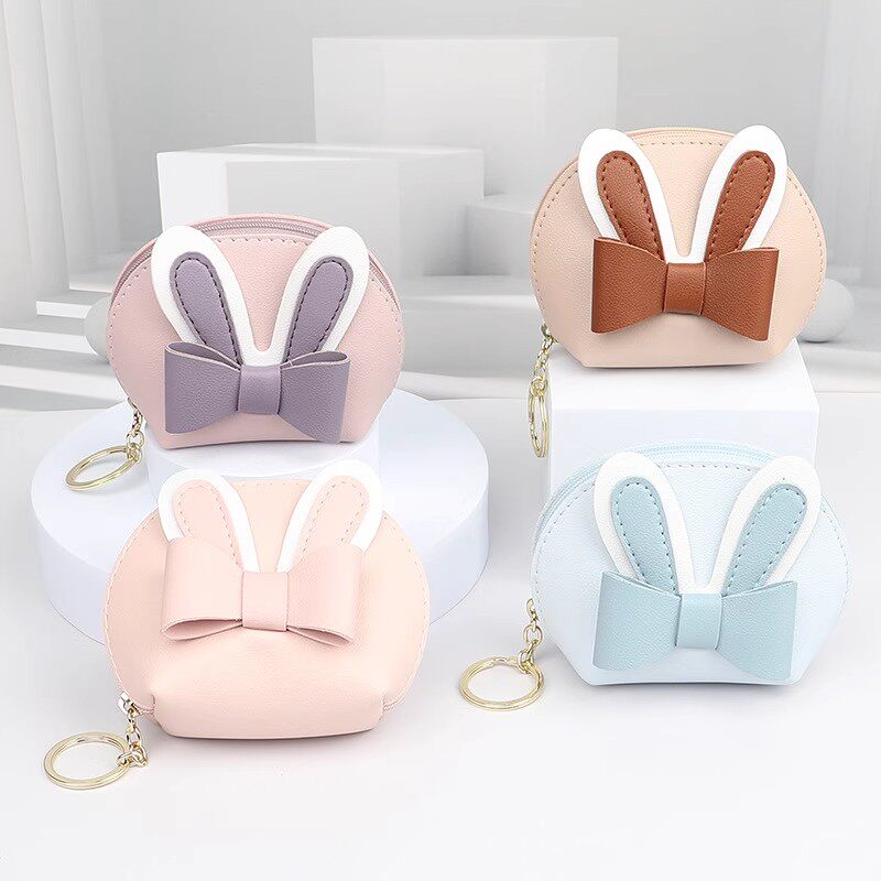 可爱零钱包蝴蝶结兔耳简约拉链钥匙扣卡包皮革钱包挂件口红收纳包