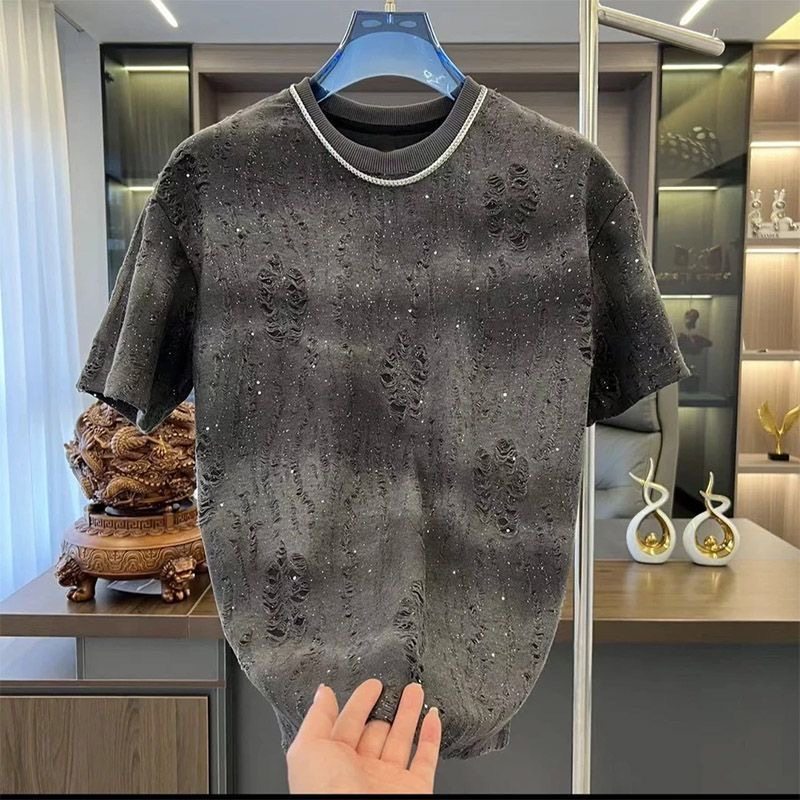 夏季新款渐变破洞亮片短袖t恤男士潮牌轻奢ins圆领满天星半袖上衣,男装,T恤,淘宝优惠券,粉丝福利购,淘宝优惠卷