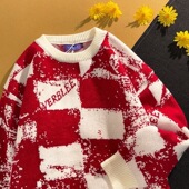 2024慵懒风加绒厚保暖宽松情侣打底针织衫 秋冬季 棋盘格子毛衣男款