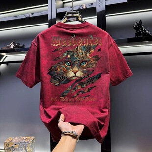 潮流定制喵印花水洗做旧T恤美式复古版型情侣款宽松扎染舒适夏季