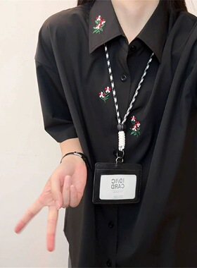 新中式黑色花卉刺绣衬衫男生轻奢潮流ins高级感短袖翻领衬衣休闲
