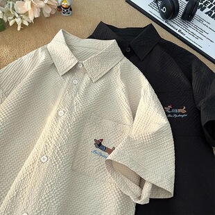 衬衫 商场同款 复古泡泡纱短袖 宽松腊肠狗刺绣美式 男女休闲上衣 夏季