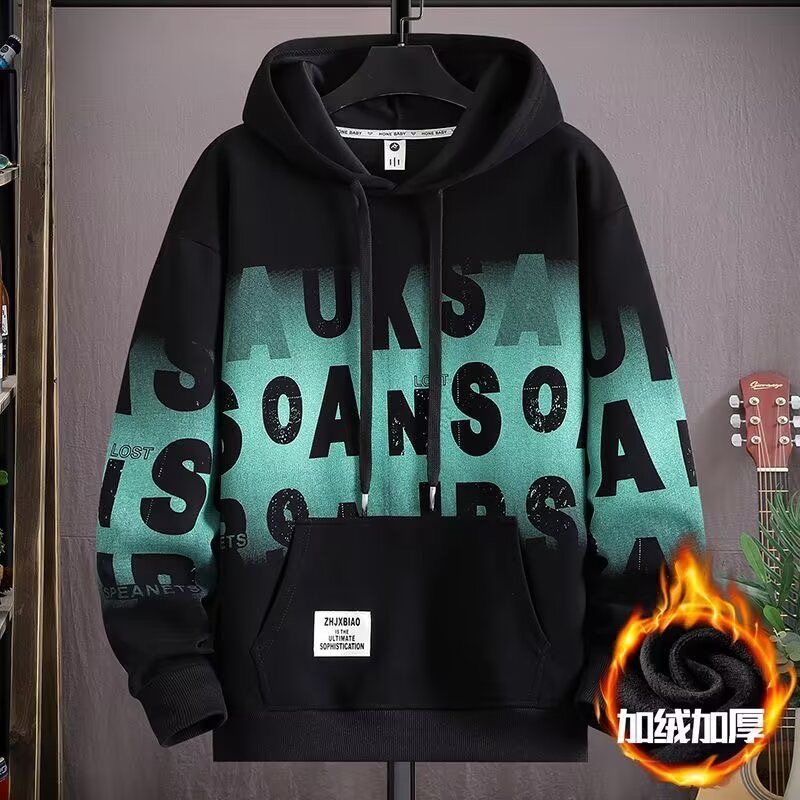 连帽+加绒+宽松+渐变+潮牌+印花