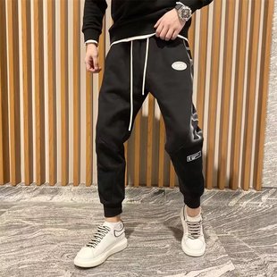 字母印花拼接休闲裤 2023秋季 时尚 收口束脚卫裤 宽松小脚运动裤 男士