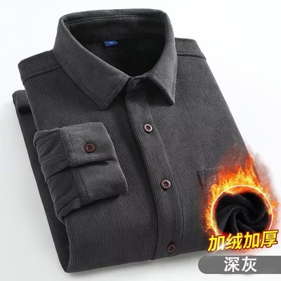 翻领+长袖+灯芯绒+宽松+加绒衬衫