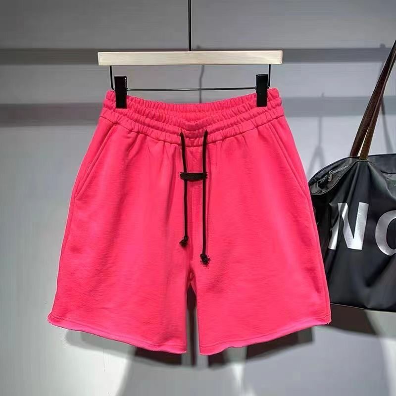 日系时尚抽绳糖果色宽松毛边针织纯棉短裤男士夏季宽松休闲五分裤