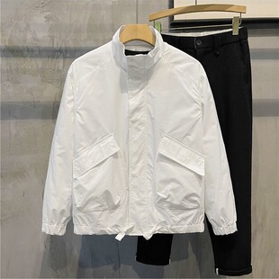 男士修身白色工装口袋短款夹克秋季新款立领社会青年高端外套上衣