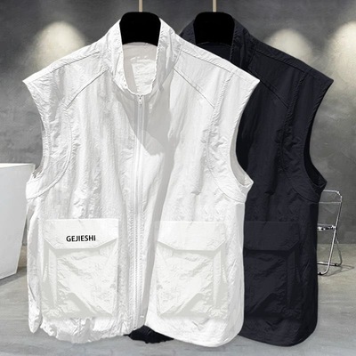 潮牌无袖背心立领拉链工装口袋