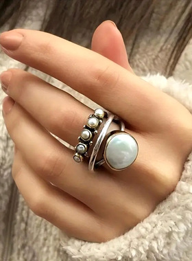 Retro Thai Silver Ring Round Ring Three-layer Cross