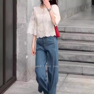 女装 日系cherry 高级感白色蕾丝上衣垂感阔腿裤 kitty新款 法式