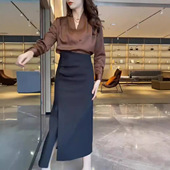 显瘦半身裙时尚 日系cherry v领衬衫 轻熟风长袖 女 kitty早秋新款