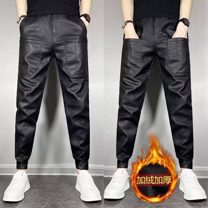 秋冬款休闲弹力百搭机车PU皮裤男潮牌加绒加厚外卖骑行保暖小脚裤