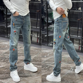 男士 夏季 新款 欧货高档刺绣工艺水洗蓝色直筒牛仔裤 潮流百搭休闲裤
