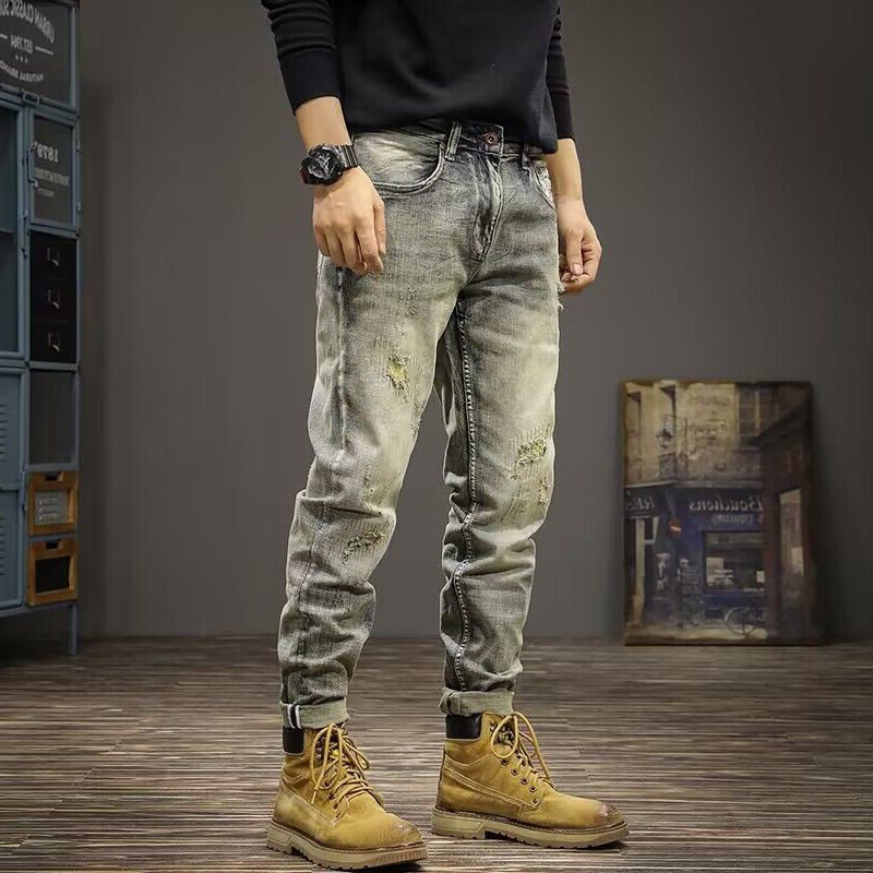 春秋季新款潮牌美式破洞补丁牛仔裤男复古水洗修身弹力小脚直筒裤,男装,牛仔裤,淘宝优惠券,粉丝福利购,淘宝优惠卷
