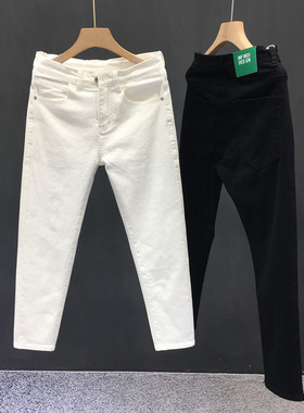 纯白色牛仔裤男潮牌修身小脚九分裤男士社会精神小伙白色休闲裤子