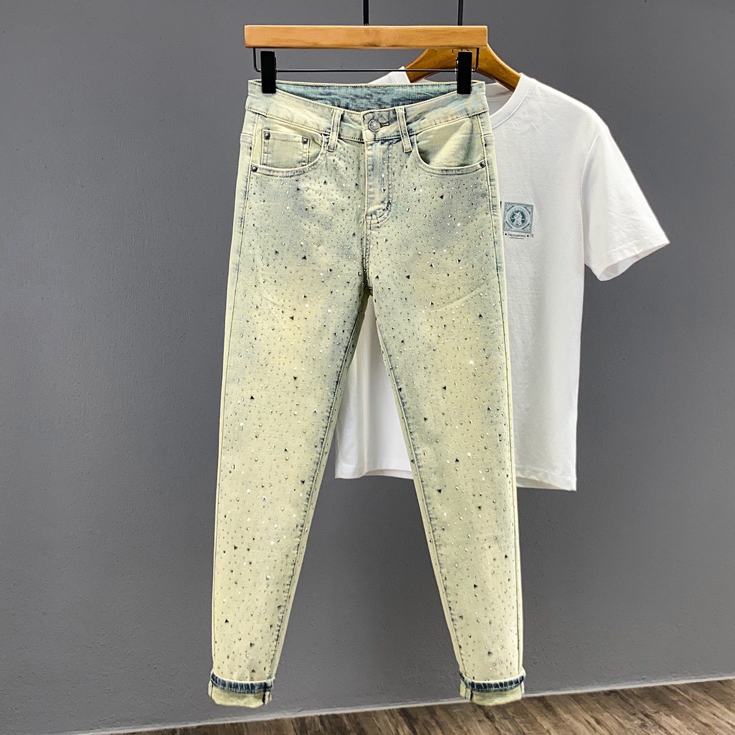 美式重磅烫钻牛仔裤男复古怀旧弹力修身小脚裤男装潮牌个性长裤子,男装,牛仔裤,淘宝优惠券,粉丝福利购,淘宝优惠卷