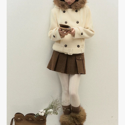 毛领双排扣短款毛呢羊毛