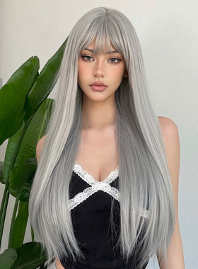 银灰色齐刘海长直发全头套假发女 Silver gray long straight wig