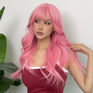 欧美齐刘海粉色长卷发全头套假发女pink crimp long headband wig