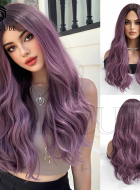 欧美紫色长卷发全头套假发 Purple long curly hair full set wig
