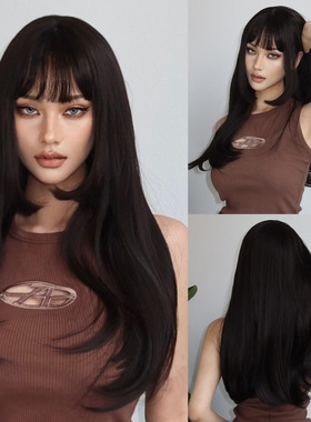 Princess cut black long straight hair full head wig 黑色假发