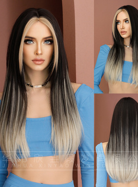 欧美黑挑染金色中分长发假发Black highlight Gold Long Hair Wig