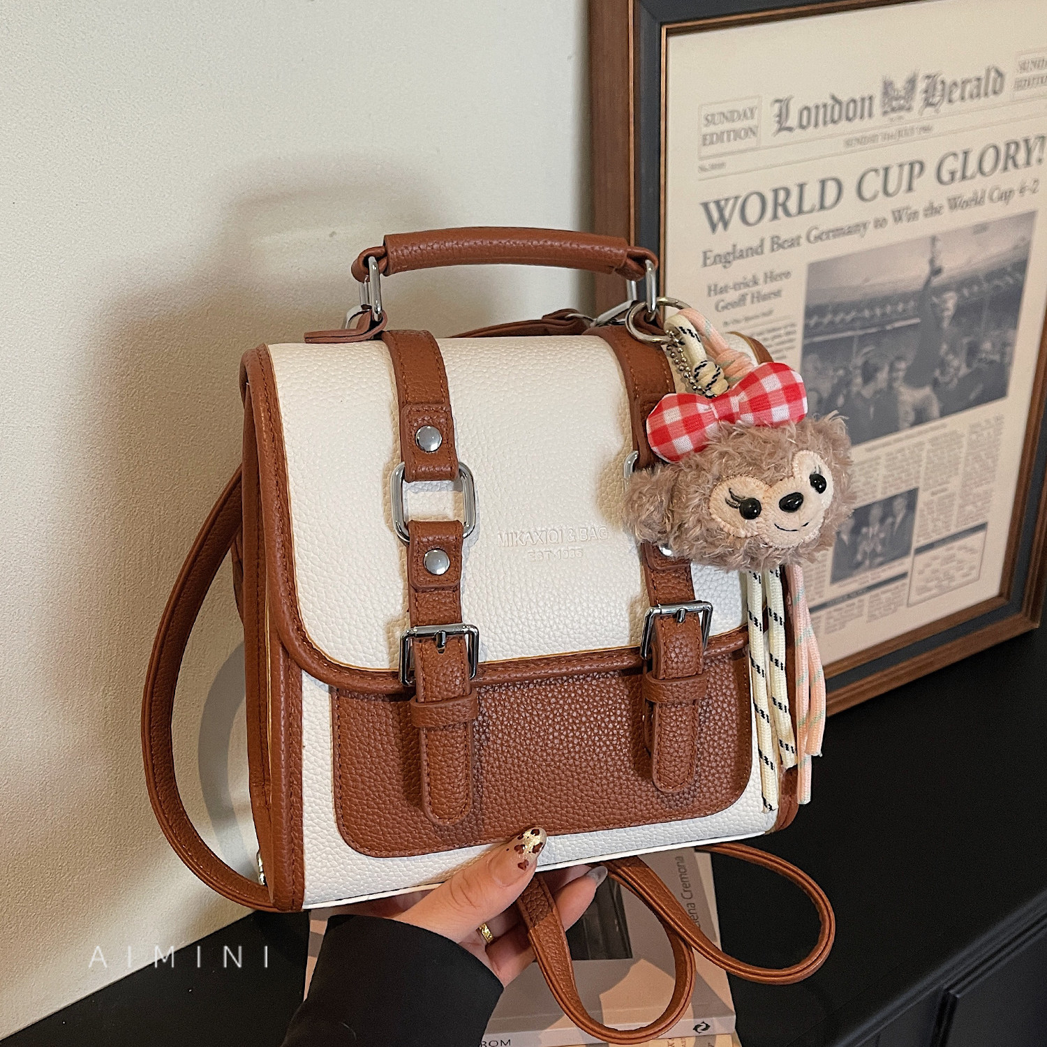 复古撞色双肩包女小型2026春季新款高级感百搭日常通勤斜挎小背包