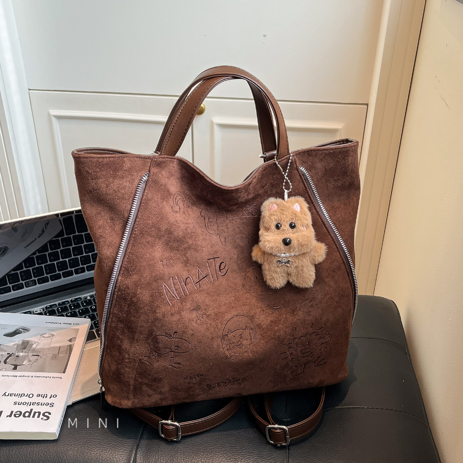 可爱刺绣麂皮绒托特包女大容量2025秋冬新款大学生通勤单肩双肩包