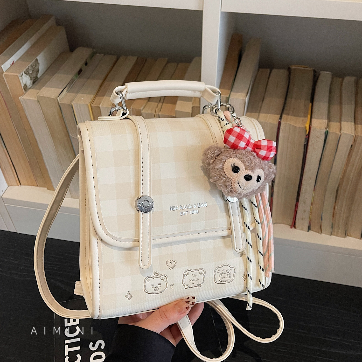 可爱卡通刺绣格子双肩包女小型2026春季新款时尚百搭日常小背包