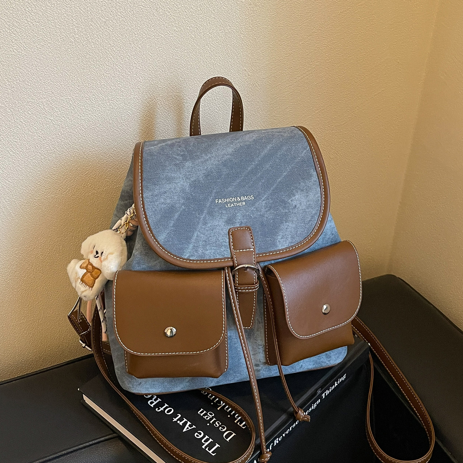 高级感牛仔撞色双肩包女小型