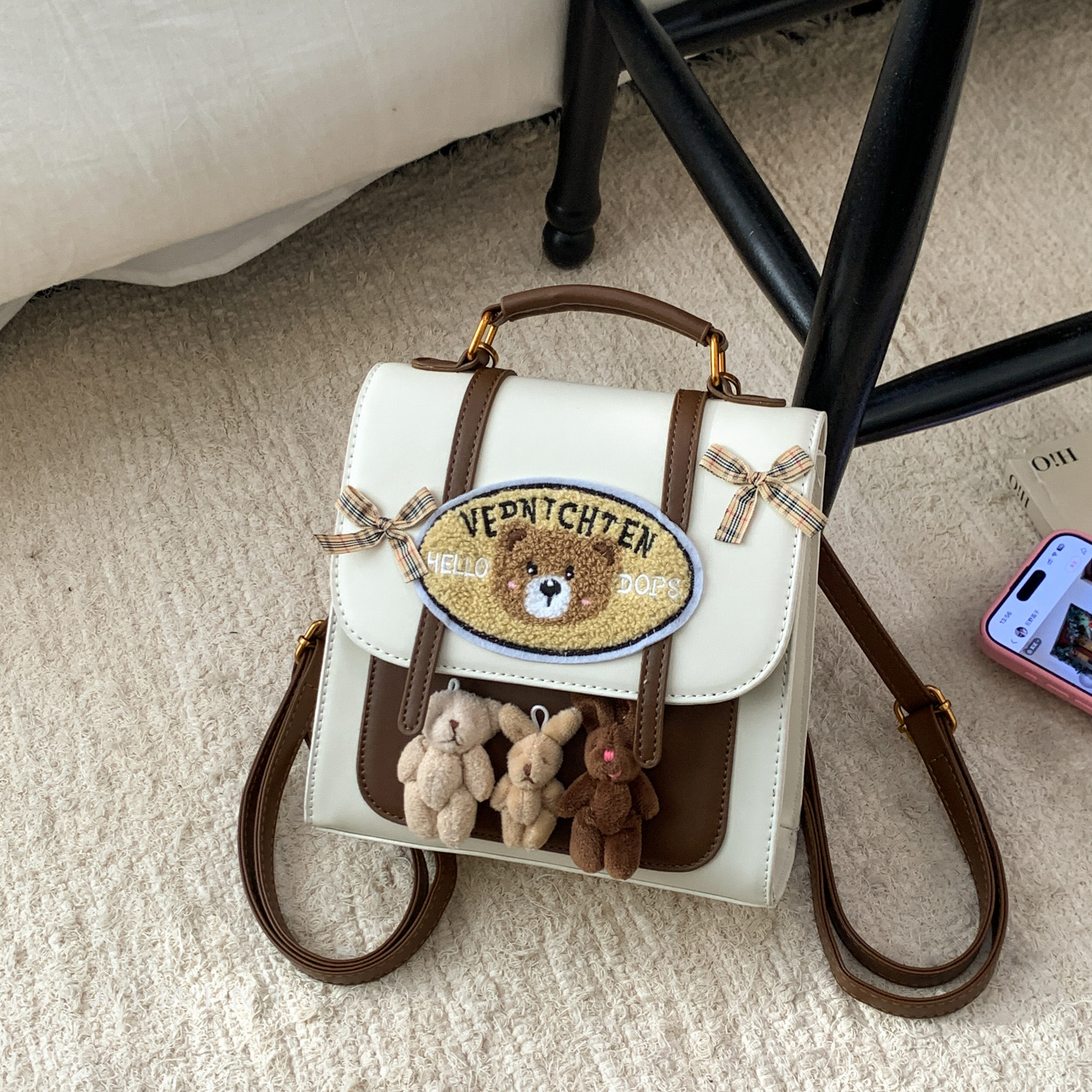 可爱卡通小熊双肩包女小型2026春季新款时尚百搭复古小背包斜挎包