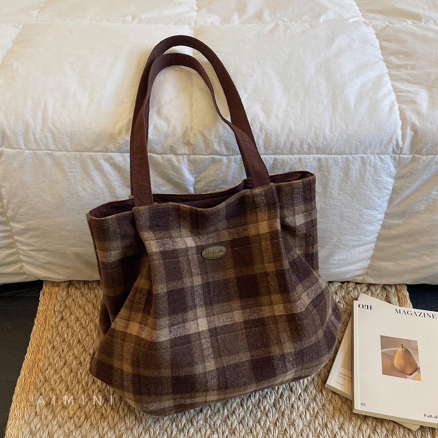 复古格子毛呢托特包女大容量2025冬季新款时尚百搭上班通勤单肩包,箱包皮具/热销女包/男包,托特包,淘宝优惠券,粉丝福利购,淘宝优惠卷