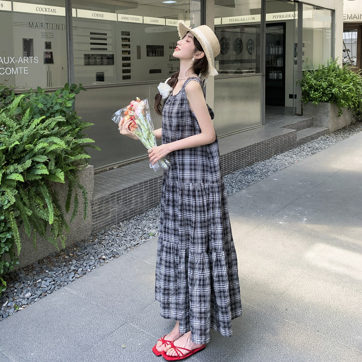 法式复古赫本风甜美减龄格子连衣裙女夏季2025年新款巨好看背心裙,女装连衣裙,2C036
