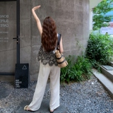 设计感无袖上衣套装女2025夏季新款时尚蕾丝拼接背心阔腿裤两件套，女装套装/套裙，2C036
