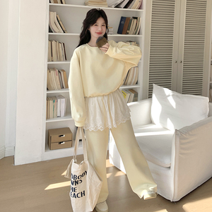 奶甜系蕾丝拼接卫衣女2025春季新款韩系减龄小个子卫裤图片