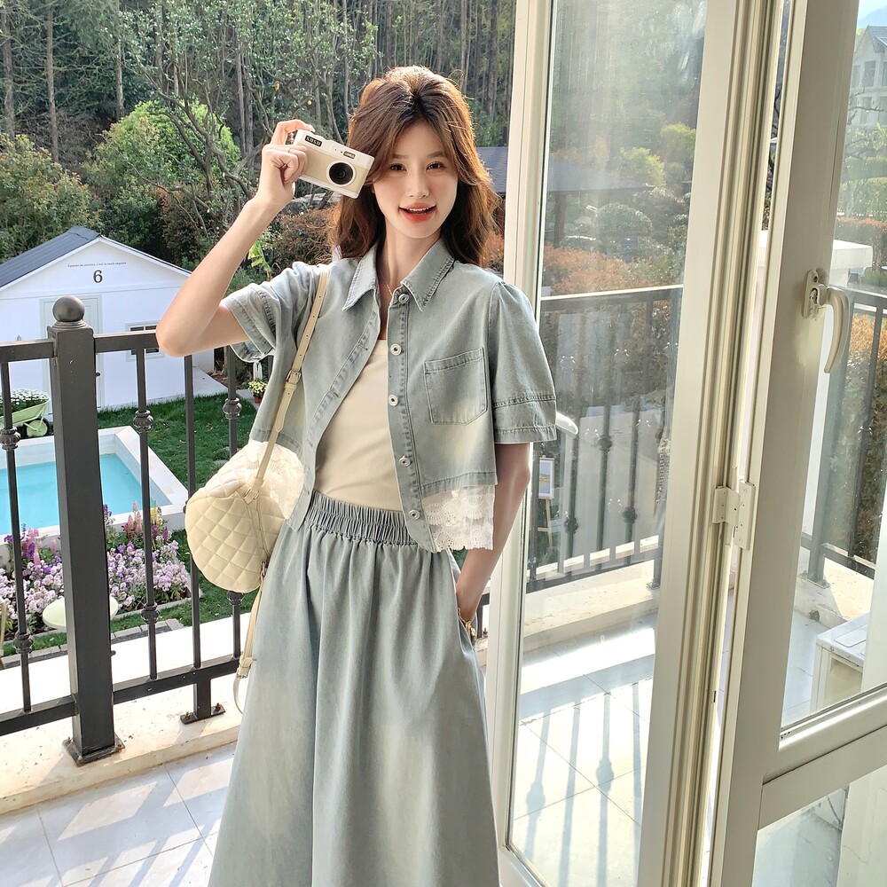 ootd穿搭蕾丝拼接短外套配长裙女夏2025新款超火休闲减龄牛仔套装,女装套装/套裙,2C036